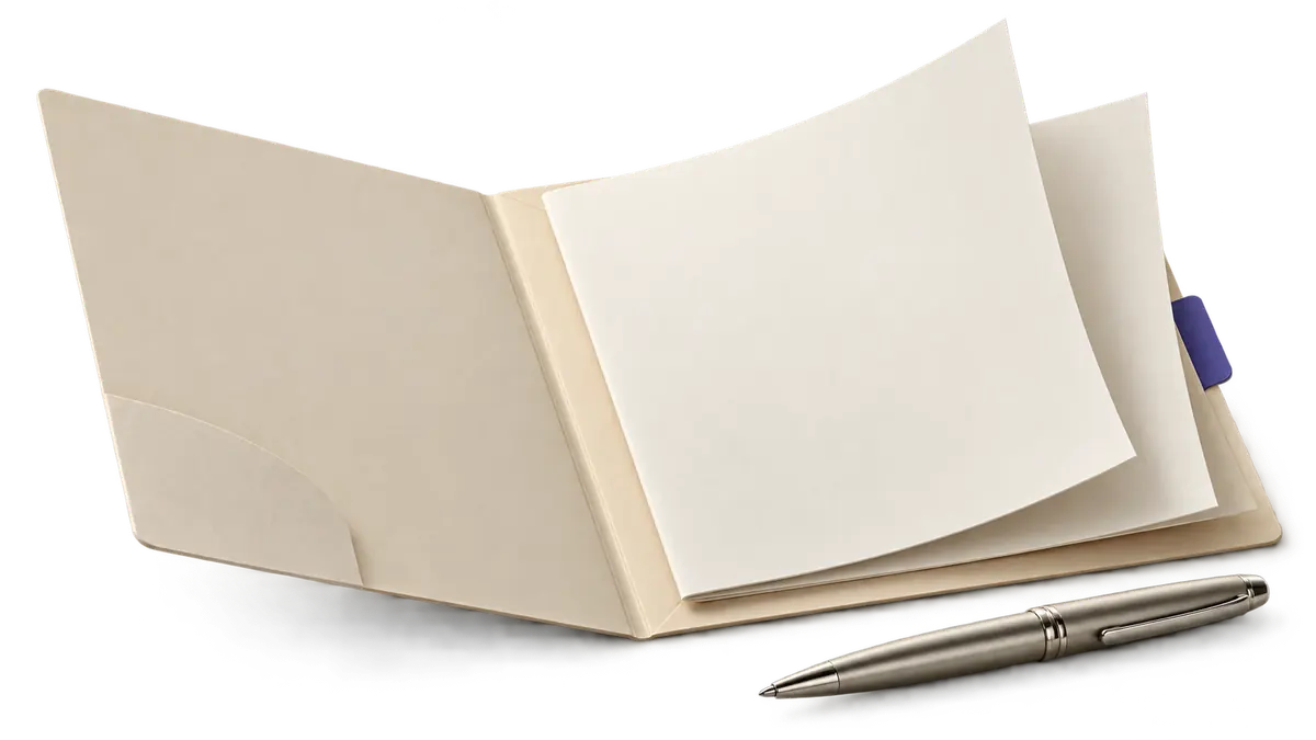 An open ivory document folio with blank paper sheets, an indigo tab, and a silver pen.