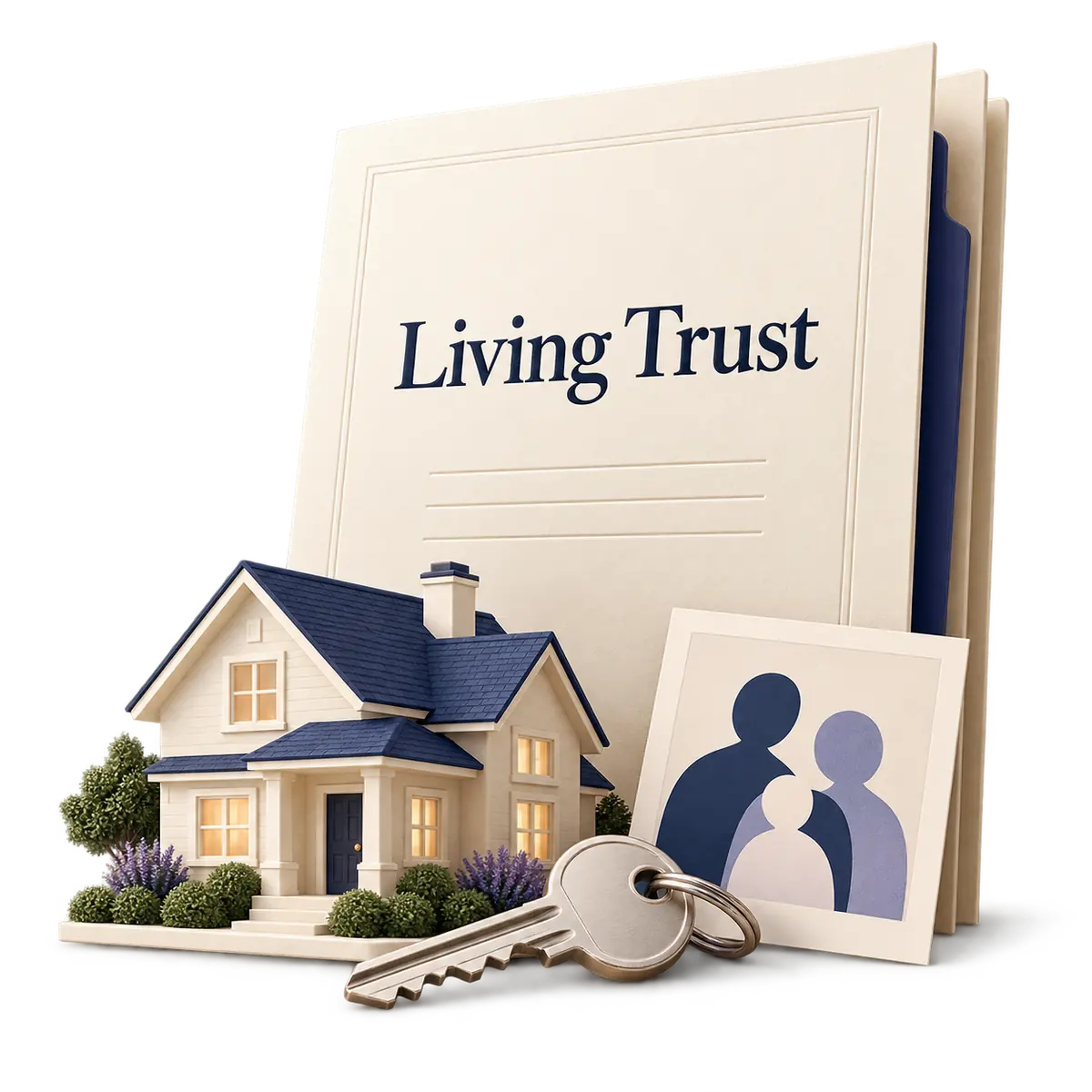 An illustration of a Living Trust folio, a model home, a key, and abstract family portrait symbols.